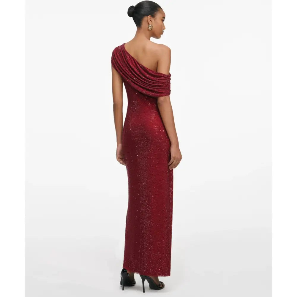 Self-Portrait Burgundy Rhinestone Drape Midi Dress - Dress