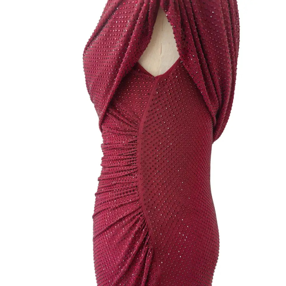 Self-Portrait Burgundy Rhinestone Drape Midi Dress - Dress