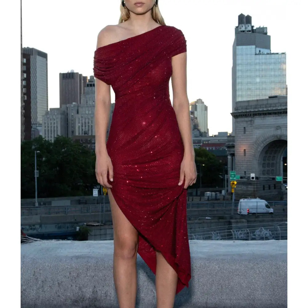 Self-Portrait Burgundy Rhinestone Drape Midi Dress - Dress