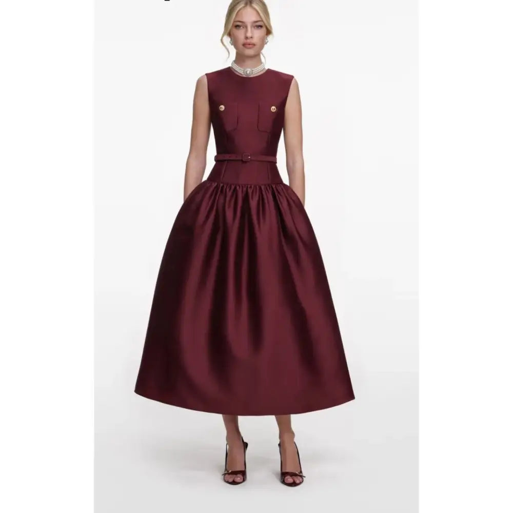 Self-Portrait Burgundy Taffeta Midi Dress