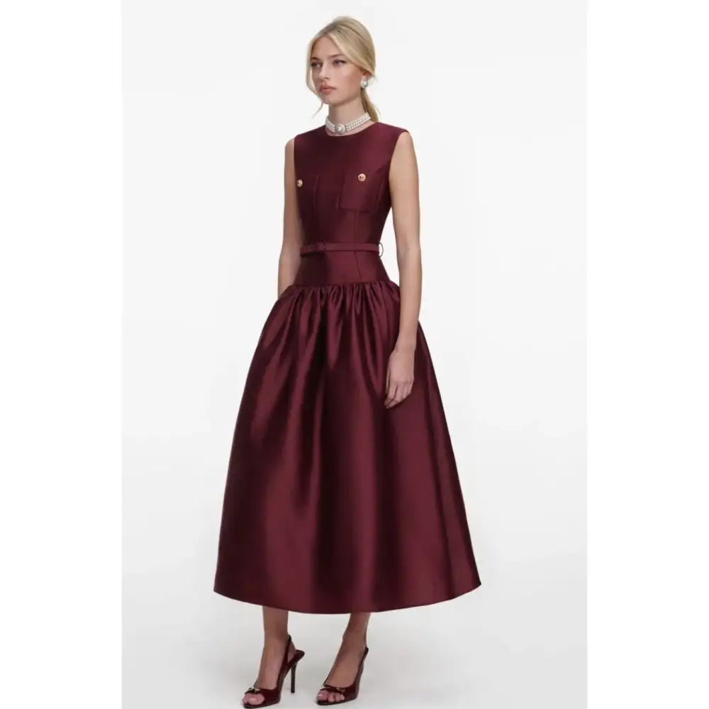 Self-Portrait Burgundy Taffeta Midi Dress