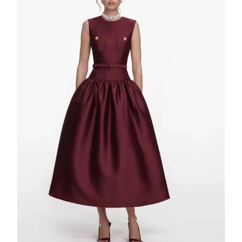 Self-Portrait Burgundy Taffeta Midi Dress