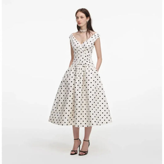 Self Portrait Cream Polka Dot Cotton Midi Dress - Dress