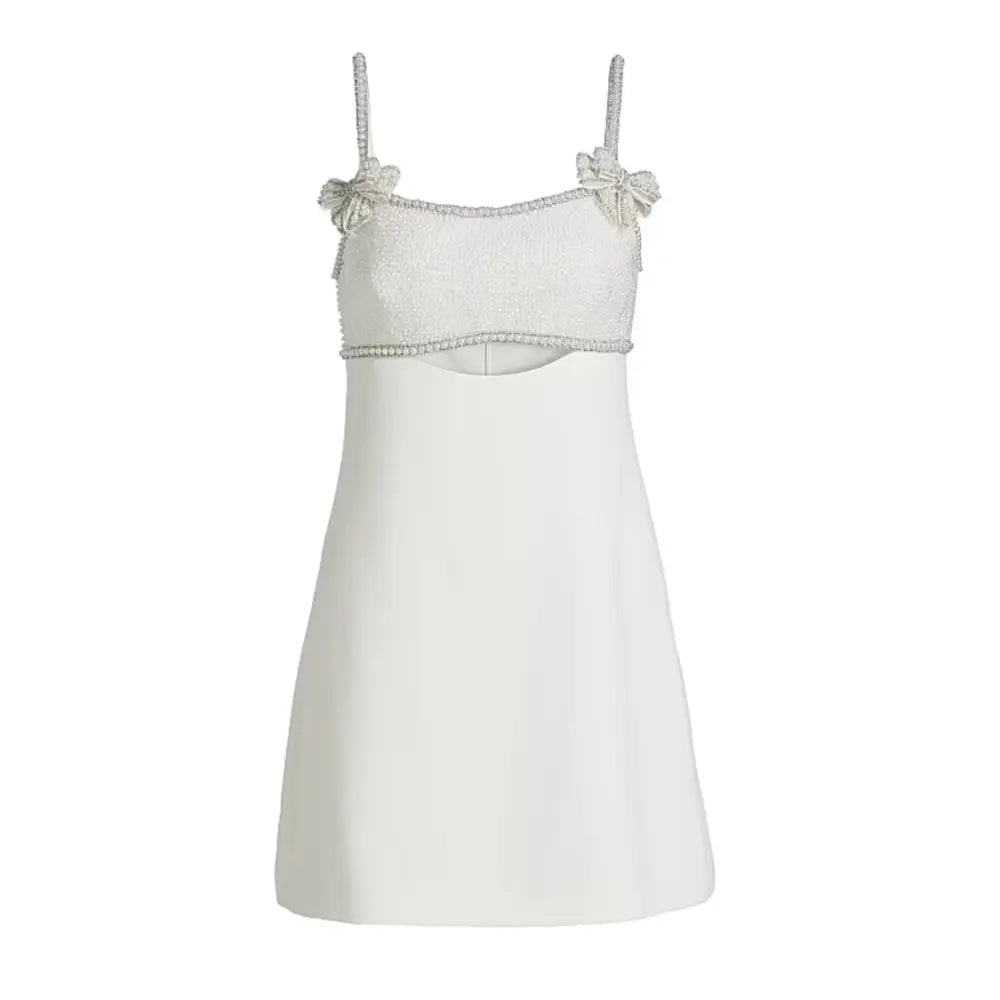 self-portrait Crepe Pearl Bow Mini Dress in White - Dress