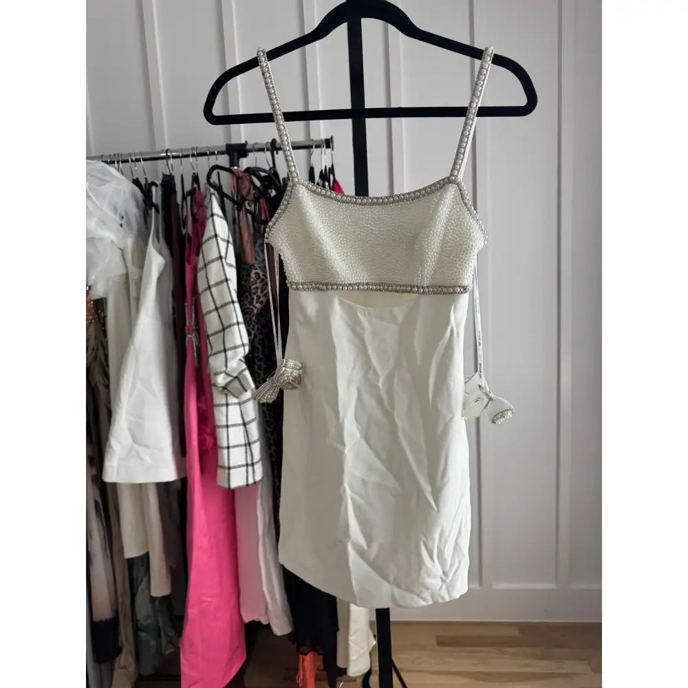 self-portrait Crepe Pearl Bow Mini Dress in White - Dress