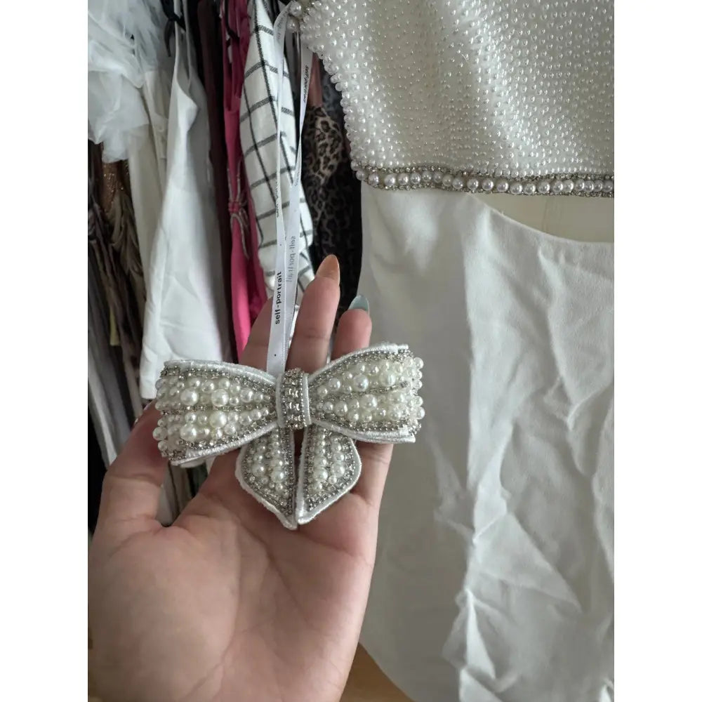 self-portrait Crepe Pearl Bow Mini Dress in White - Dress