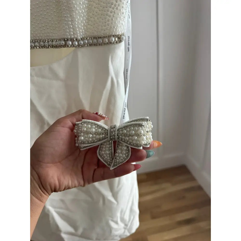 self-portrait Crepe Pearl Bow Mini Dress in White - Dress