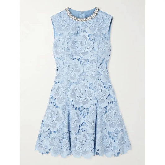SELF-PORTRAIT Crystal-embellished pleated guipure lace mini dress - Dress