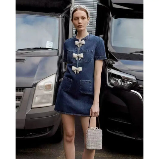 Self-Portrait Denim Bow Mini Dress | Playful Casual Dress