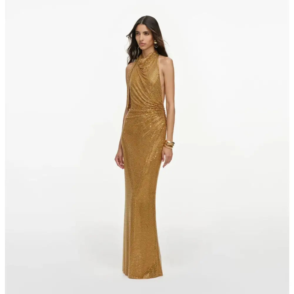 Self-Portrait Gold Rhinestone Halter Maxi Dress - Dress