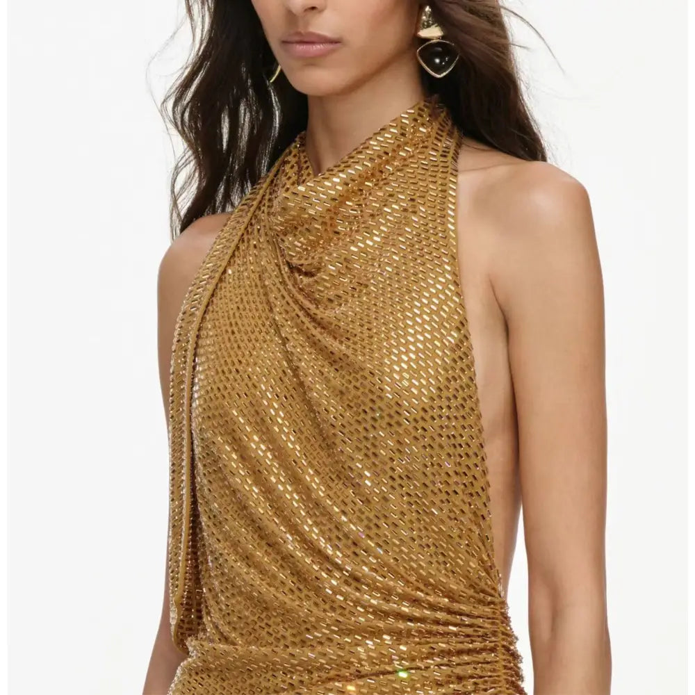 Self-Portrait Gold Rhinestone Halter Maxi Dress - Dress