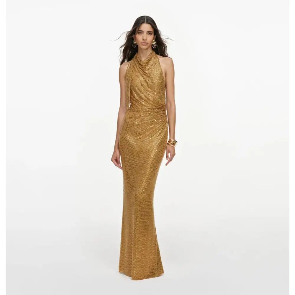 Self-Portrait Gold Rhinestone Halter Maxi Dress - Dress