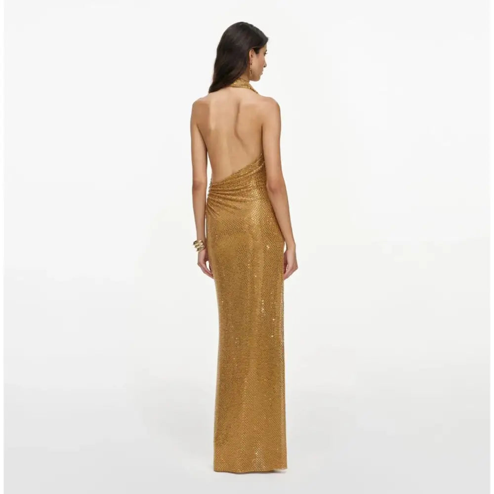 Self-Portrait Gold Rhinestone Halter Maxi Dress - Dress