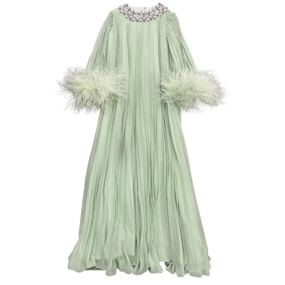 Self-Portrait Green Chiffon Feather Midi Dress - Dress