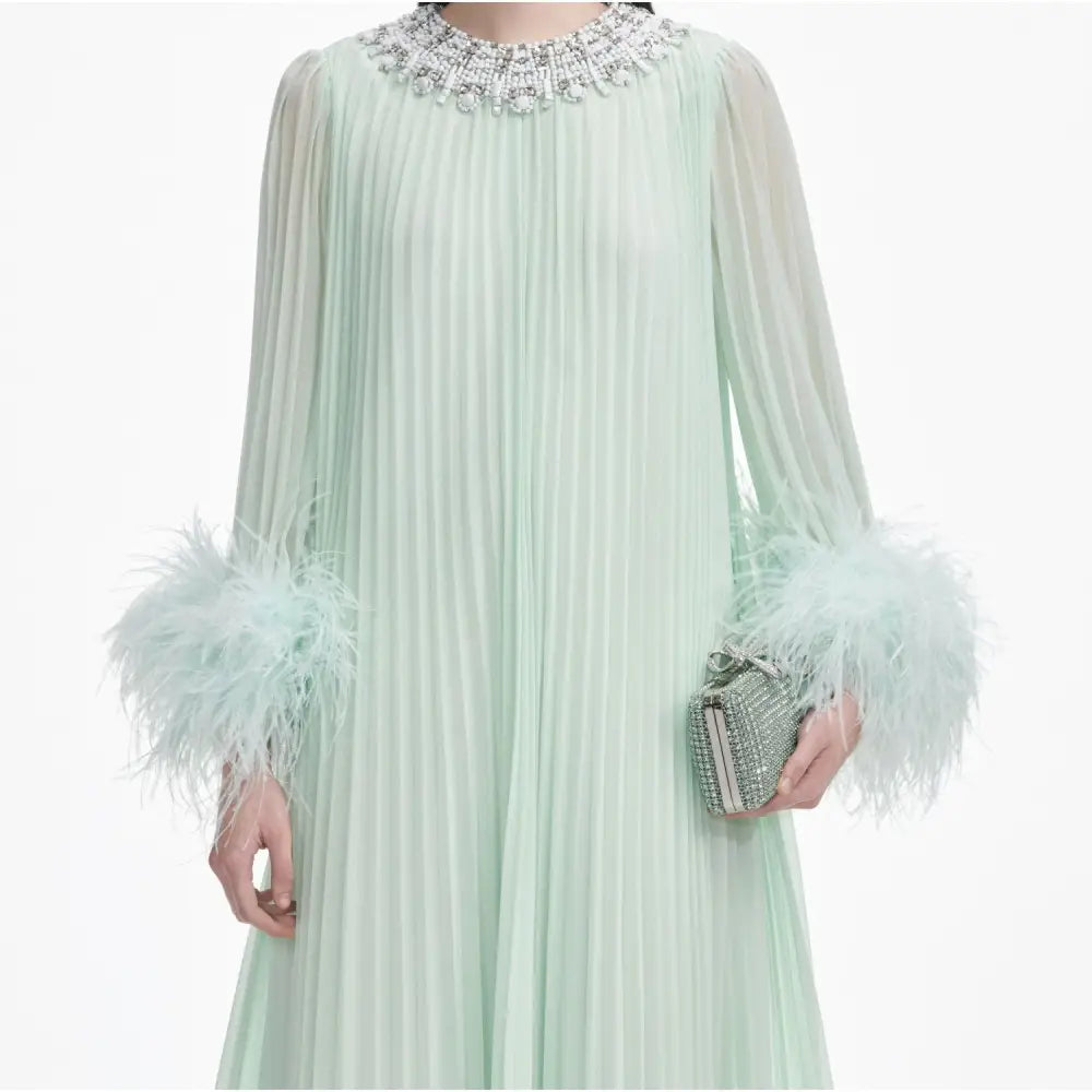 Self-Portrait Green Chiffon Feather Midi Dress - Dress