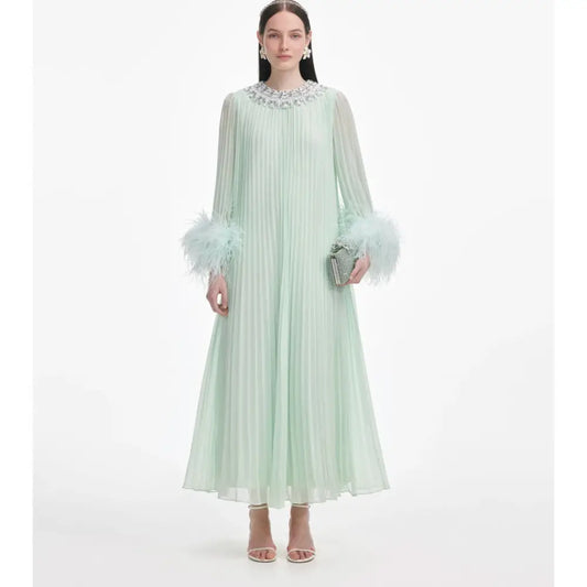Self-Portrait Green Chiffon Feather Midi Dress - Dress