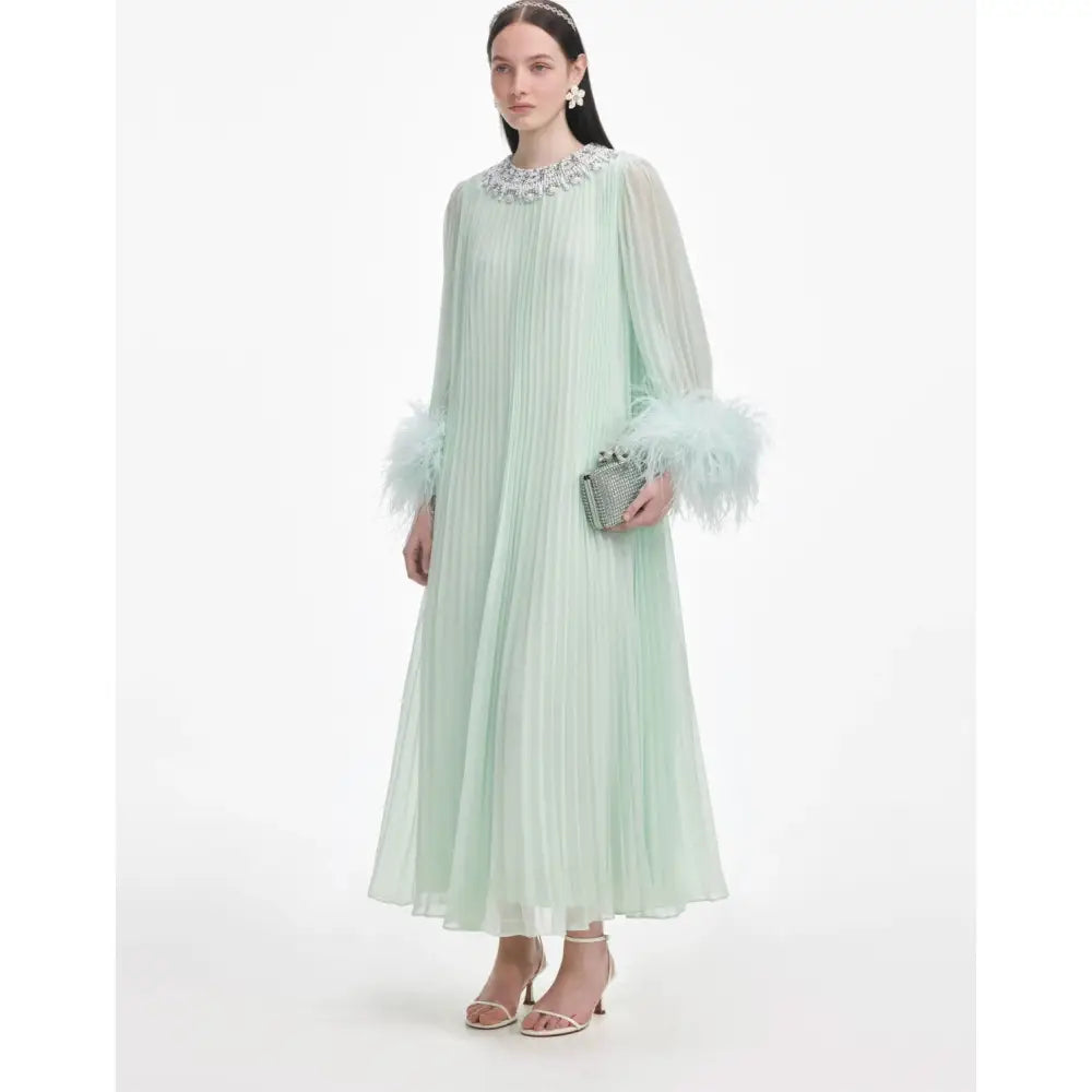 Self-Portrait Green Chiffon Feather Midi Dress - Dress