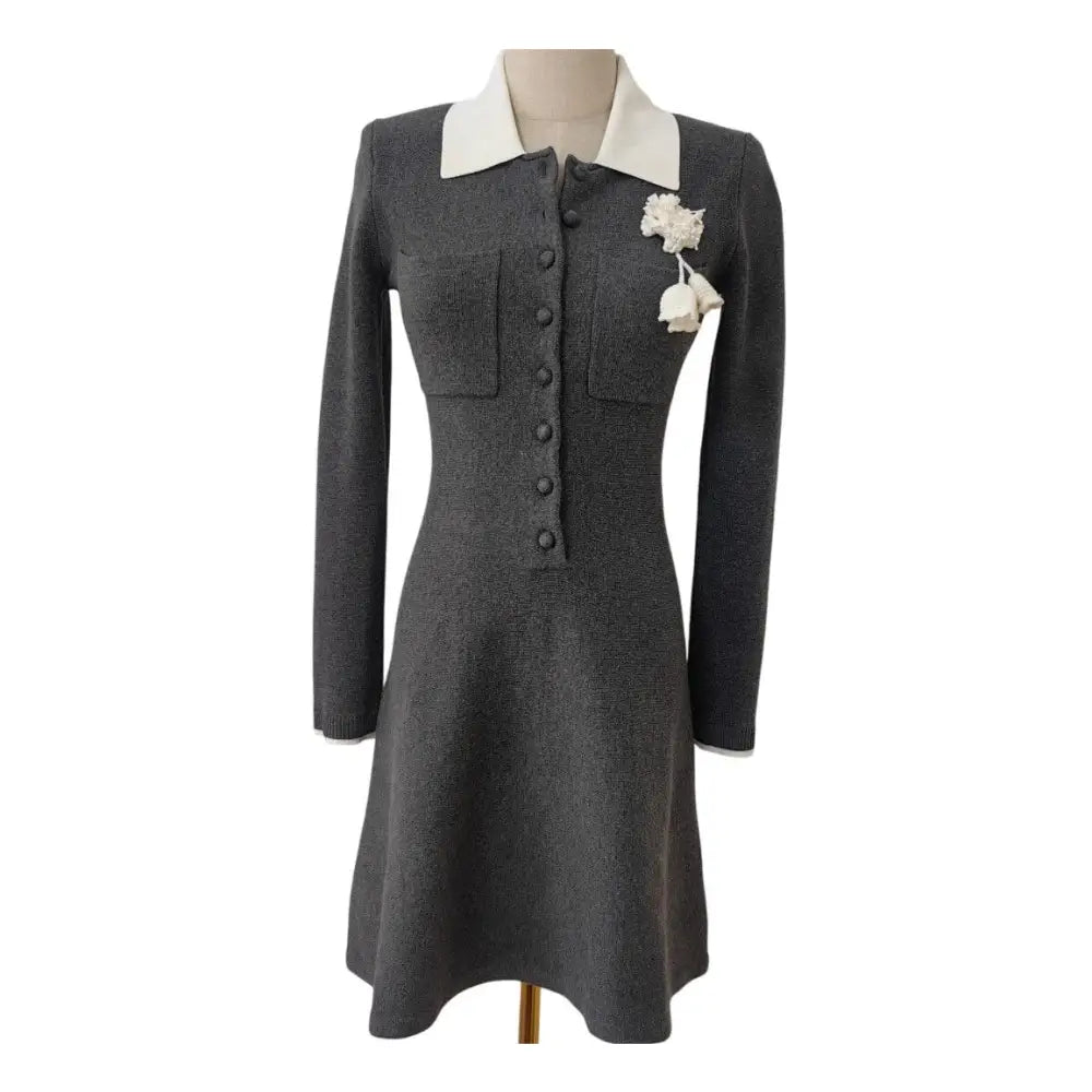 Self-Portrait Grey Crochet Flower Collared Knit Mini Dress - Dress
