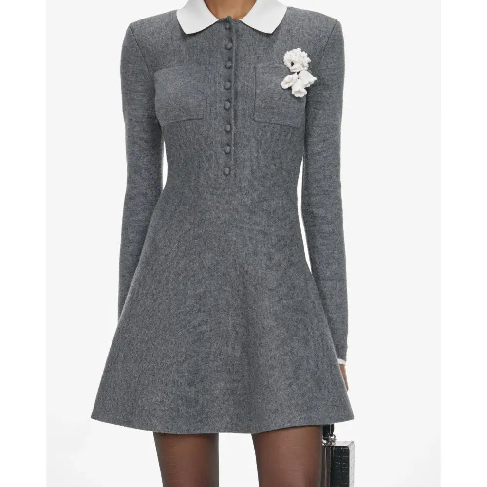 Self-Portrait Grey Crochet Flower Collared Knit Mini Dress - Dress