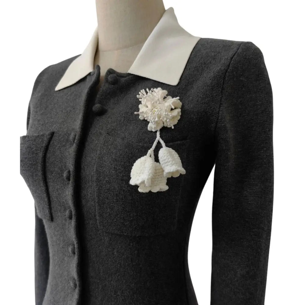 Self-Portrait Grey Crochet Flower Collared Knit Mini Dress - Dress