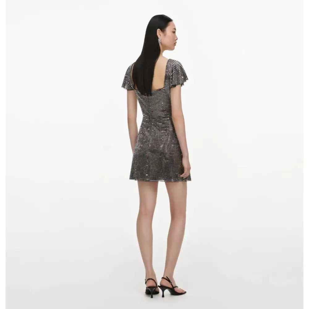 Self-Portrait Grey Rhinestone Mesh Mini Dress - Dress