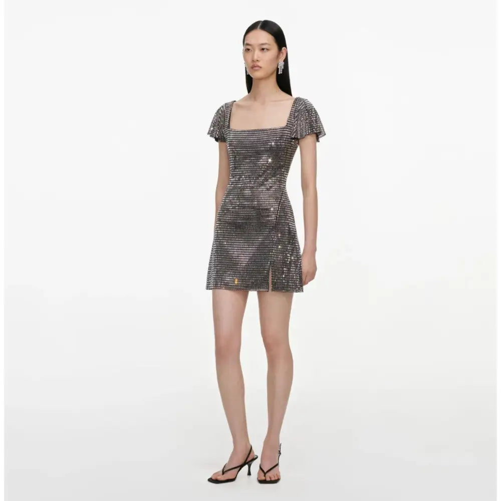 Self-Portrait Grey Rhinestone Mesh Mini Dress - Dress