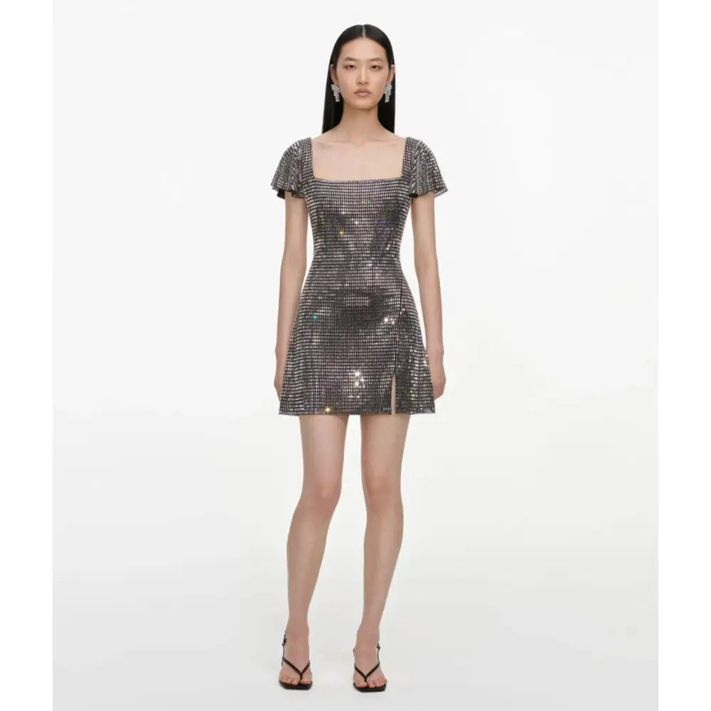 Self-Portrait Grey Rhinestone Mesh Mini Dress - Dress
