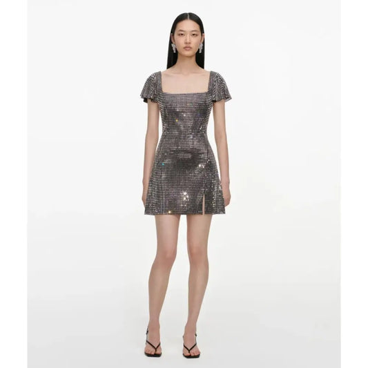 Self-Portrait Grey Rhinestone Mesh Mini Dress - Dress