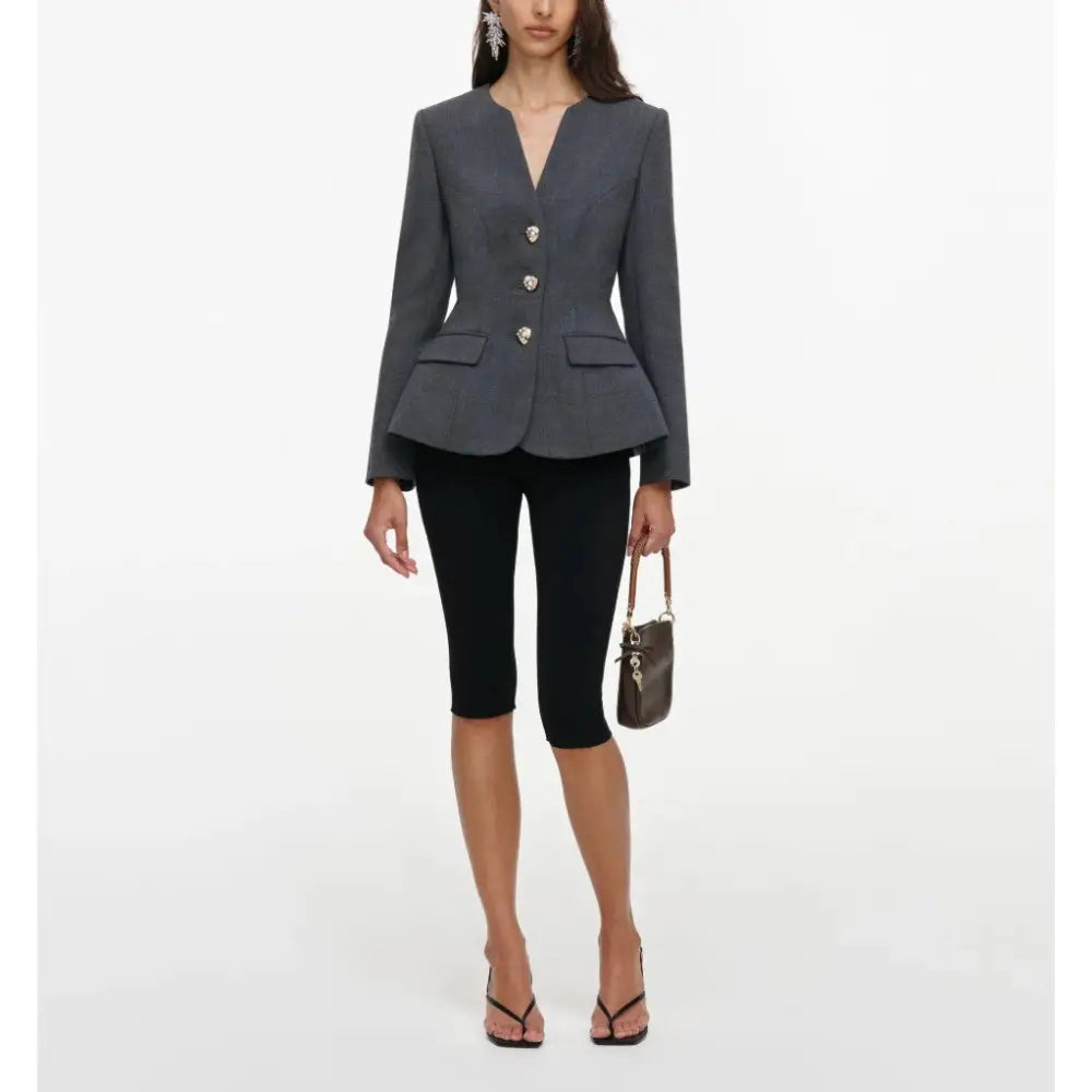 Self-Portrait Grey Wool Collarless Jacket - Jacket