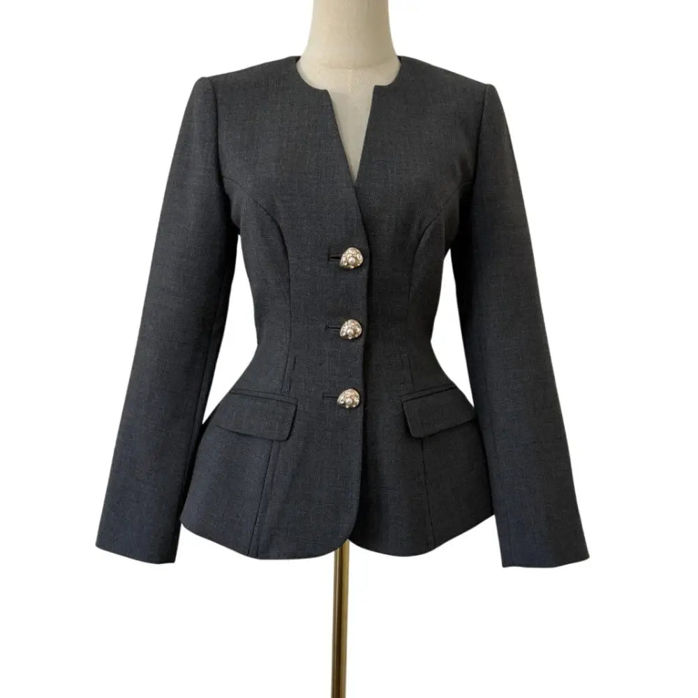 Self-Portrait Grey Wool Collarless Jacket - Jacket