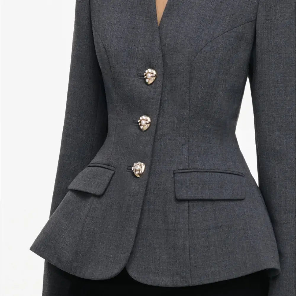 Self-Portrait Grey Wool Collarless Jacket - Jacket