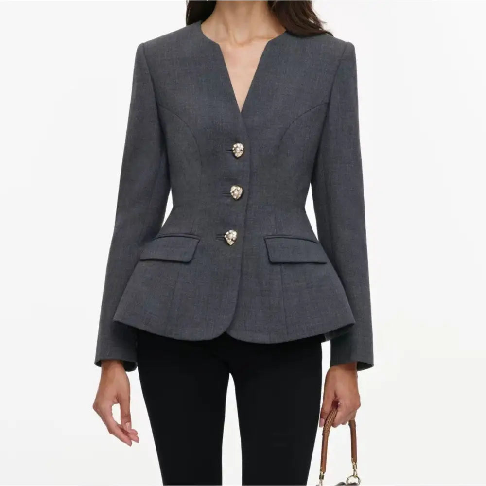 Self-Portrait Grey Wool Collarless Jacket - Jacket