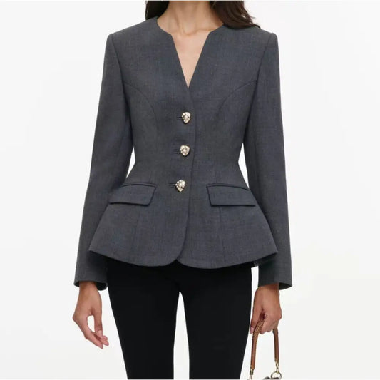 Self-Portrait Grey Wool Collarless Jacket - Jacket