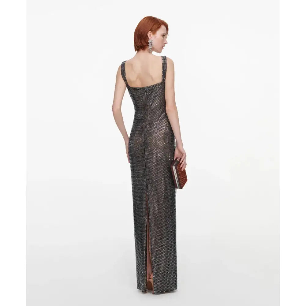 Self-Portrait Gunmetal Square Neck Rhinestone Maxi Dress - Dress