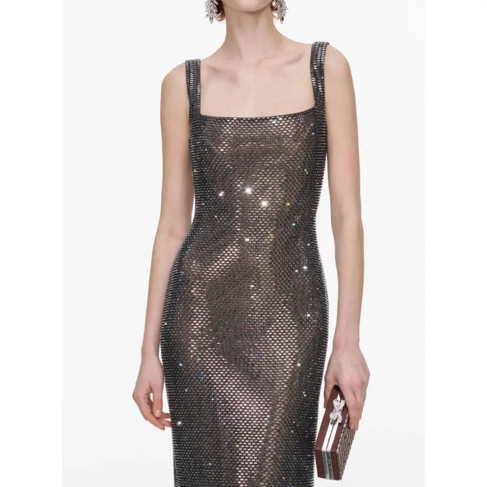 Self-Portrait Gunmetal Square Neck Rhinestone Maxi Dress - Dress