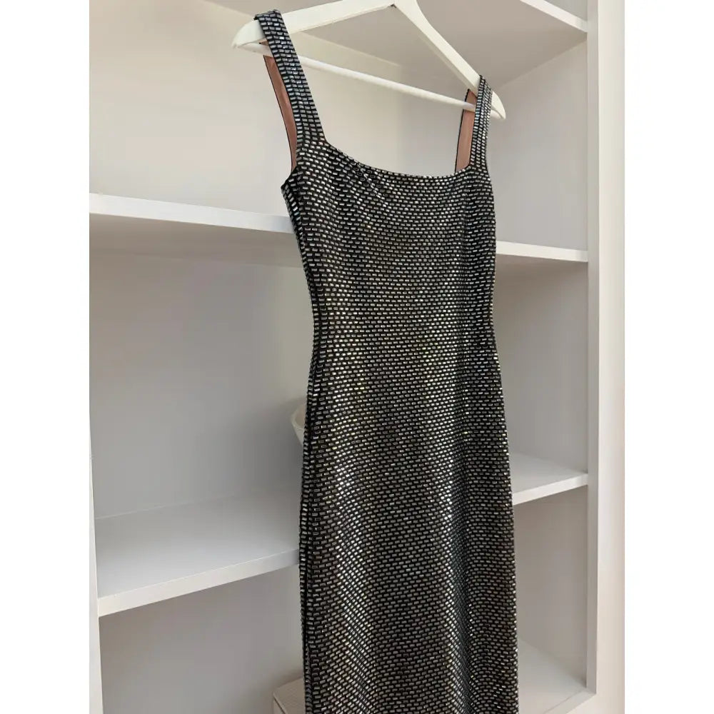 Self-Portrait Gunmetal Square Neck Rhinestone Maxi Dress - Dress
