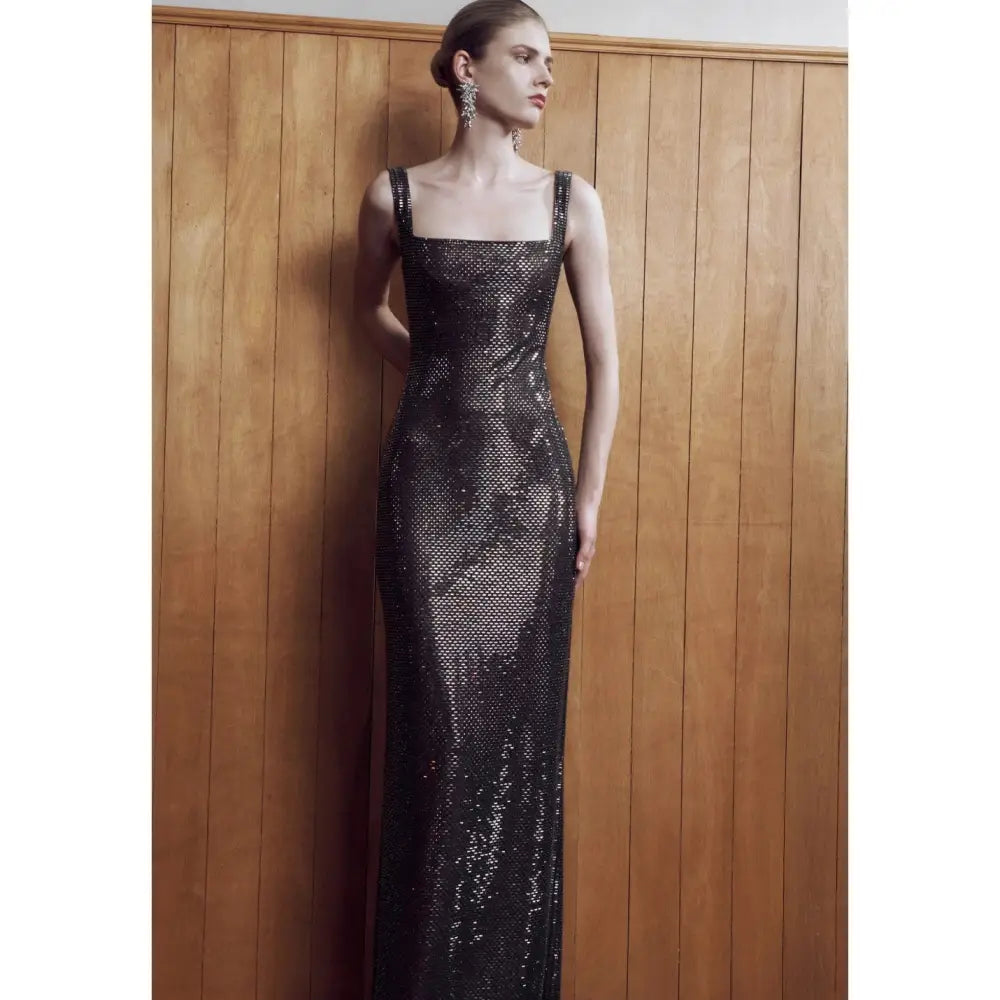 Self-Portrait Gunmetal Square Neck Rhinestone Maxi Dress - Dress