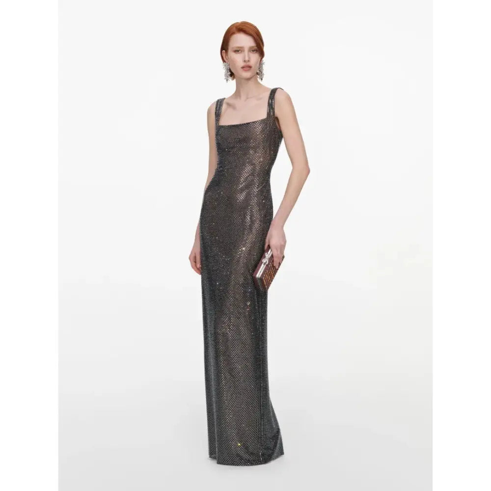Self-Portrait Gunmetal Square Neck Rhinestone Maxi Dress - Dress