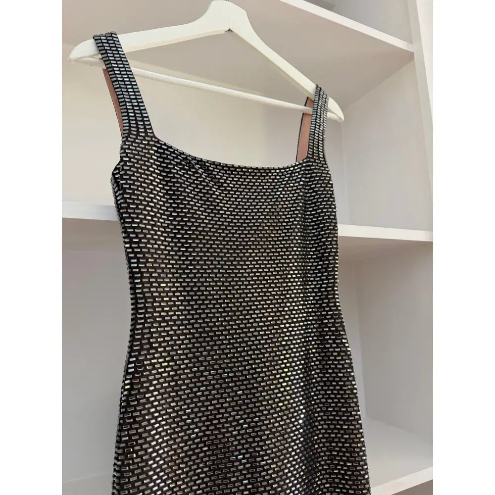 Self-Portrait Gunmetal Square Neck Rhinestone Maxi Dress - Dress