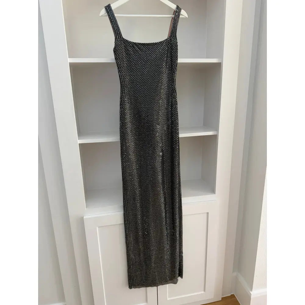 Self-Portrait Gunmetal Square Neck Rhinestone Maxi Dress - Dress