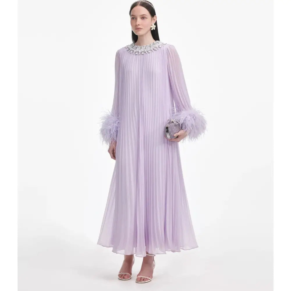 Self-Portrait Lilac Chiffon Feather Midi Dress - Dress
