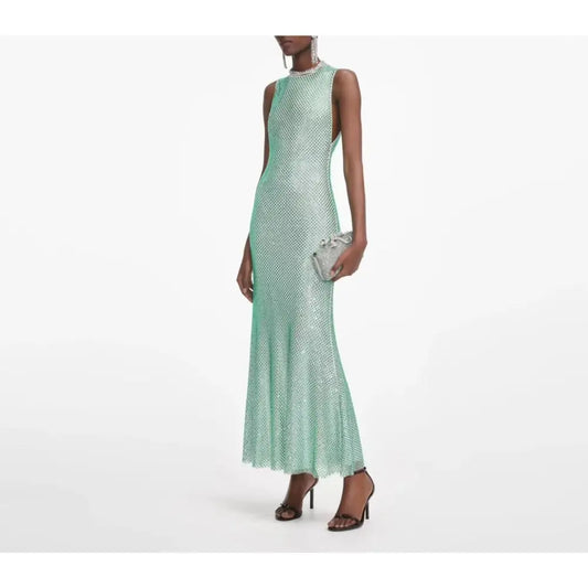 Self Portrait Mint Rhinestone Mesh Midi Dress - Dress