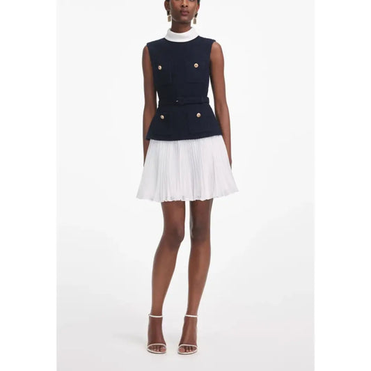 Self Portrait Navy Boucle And Chiffon Mini Dress - Dress