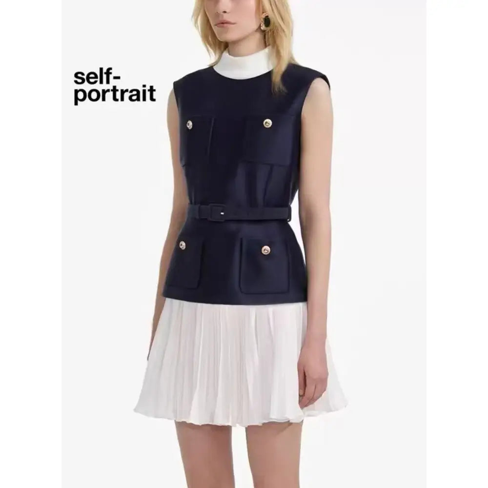 Self Portrait Navy Boucle And Chiffon Mini Dress - Dress