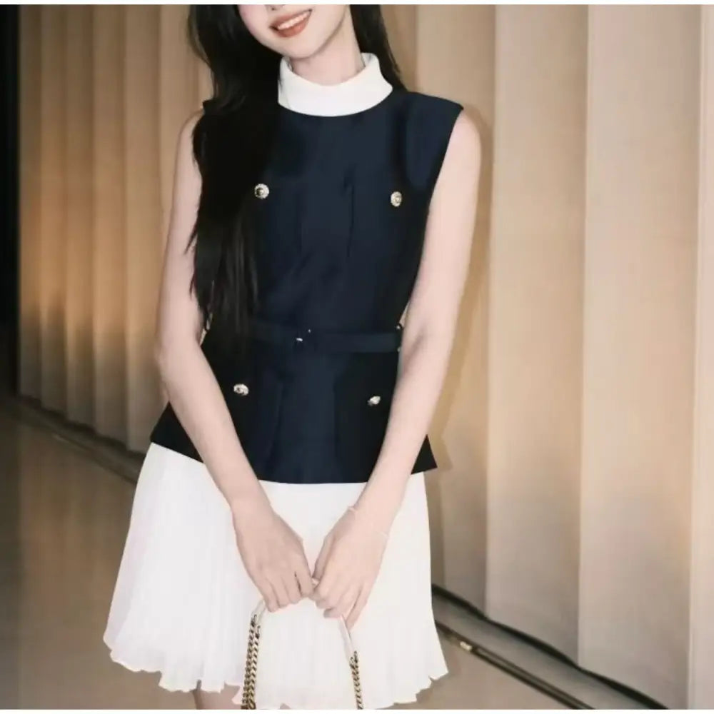 Self Portrait Navy Boucle And Chiffon Mini Dress - Dress