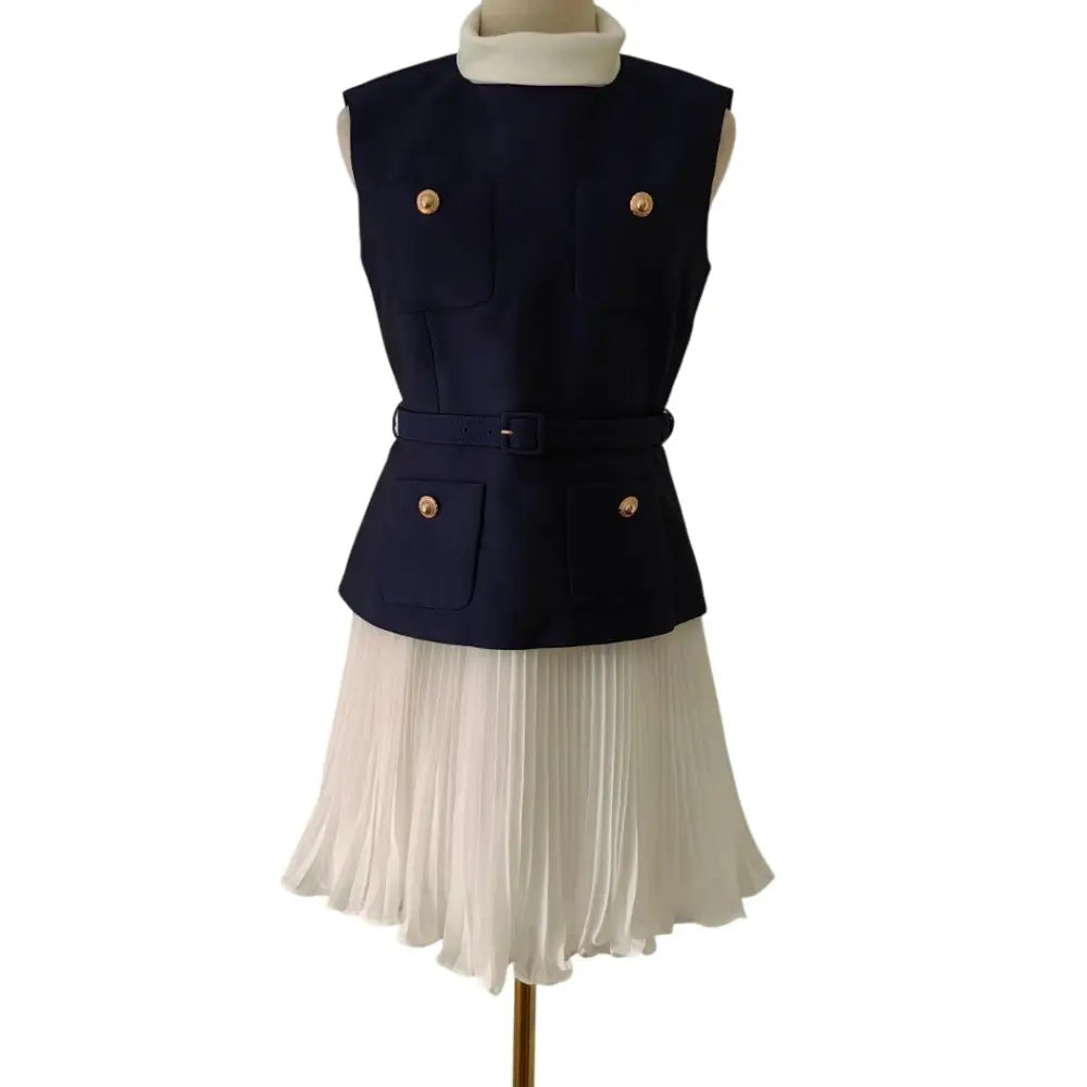 Self Portrait Navy Boucle And Chiffon Mini Dress - Dress