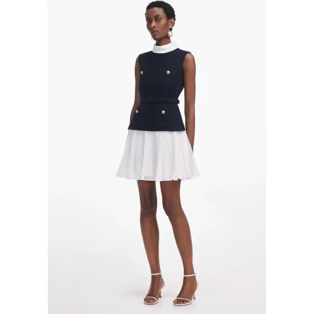 Self Portrait Navy Boucle And Chiffon Mini Dress - Dress