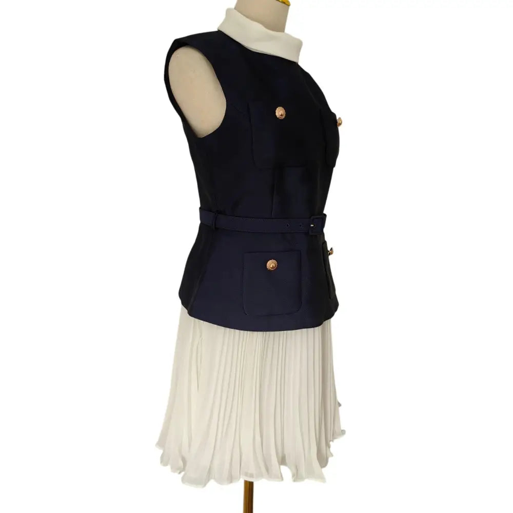 Self Portrait Navy Boucle And Chiffon Mini Dress - Dress