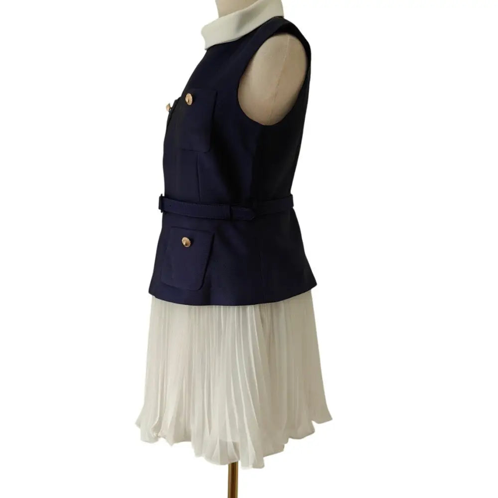 Self Portrait Navy Boucle And Chiffon Mini Dress - Dress
