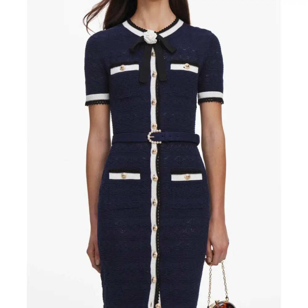 Self-Portrait Navy Pointelle Knit Midi Dress - Small - Dress